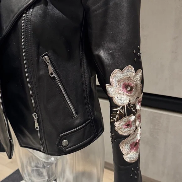 Rebecca Minkoff Black Leather Jacket with Embroidered Floral Accents - Picture 2 of 12